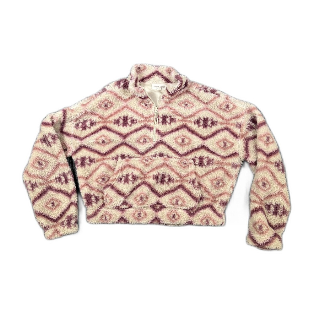 Pink Rose Womens Aztec Sherpa Fleece 1/4 Zip Pullover Cropped Sweatshirt M
